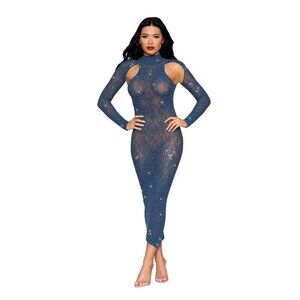 Dreamgirl Twilight Rhinestone Lace Gown Bodystocking Long Sleeve Open Back OS